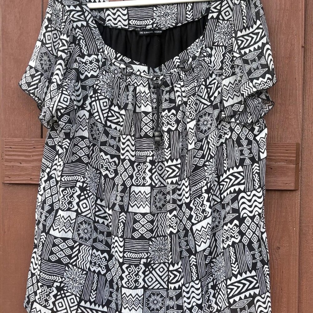 Zac & Rachel Woman Boho Blouse lined Beaded Square Neckline‎ Black & Tan Sz 2X